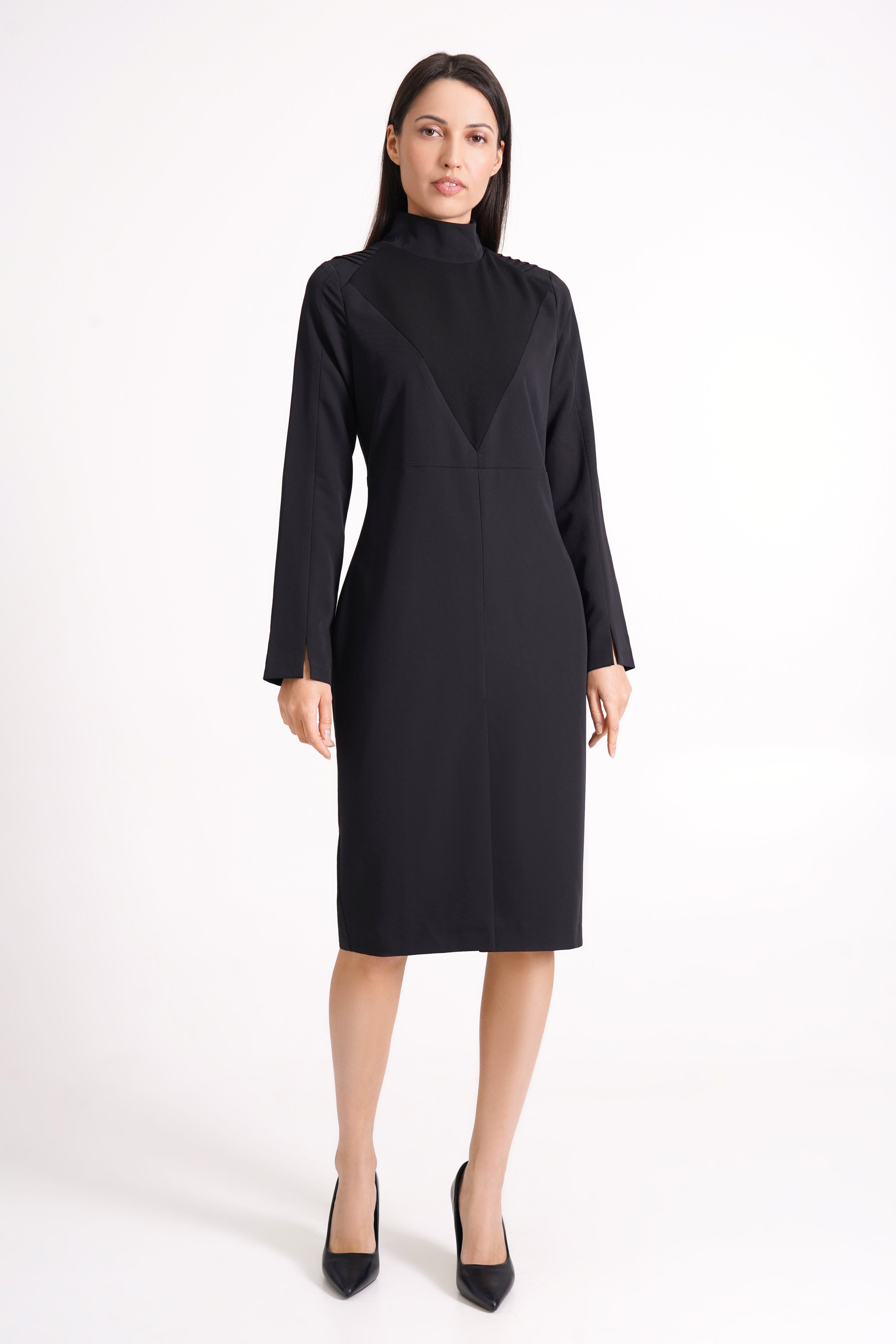 Black High Neck Pencil Dress with Long Sleeves, Midi Length – TAVROVSKA