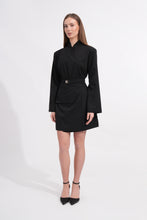 Load image into Gallery viewer, Woman wearing a black dress with a belt on a white background