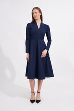 Load image into Gallery viewer, Navy Blue Midi A-Line Dress with V-Neck & Long Sleeves
