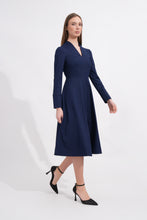 Load image into Gallery viewer, Navy Blue Midi A-Line Dress with V-Neck & Long Sleeves