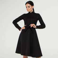 Load image into Gallery viewer, Black mandarin collar dress with covered buttons