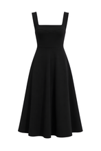 Load image into Gallery viewer, Black Midi Dress Square Neck Wide Strap Flared Skirt