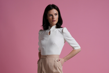 Load image into Gallery viewer, Mandarin collar keyhole white blouse