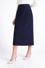 Load image into Gallery viewer, Navy high waist slit skirt mid calf