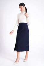 Load image into Gallery viewer, Navy high waist slit skirt mid calf