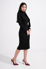 Load image into Gallery viewer, Woman wearing an elegant black dress with red high heels on a white background