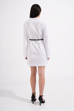 Load image into Gallery viewer, Person wearing a white dress with a black belt on a white background