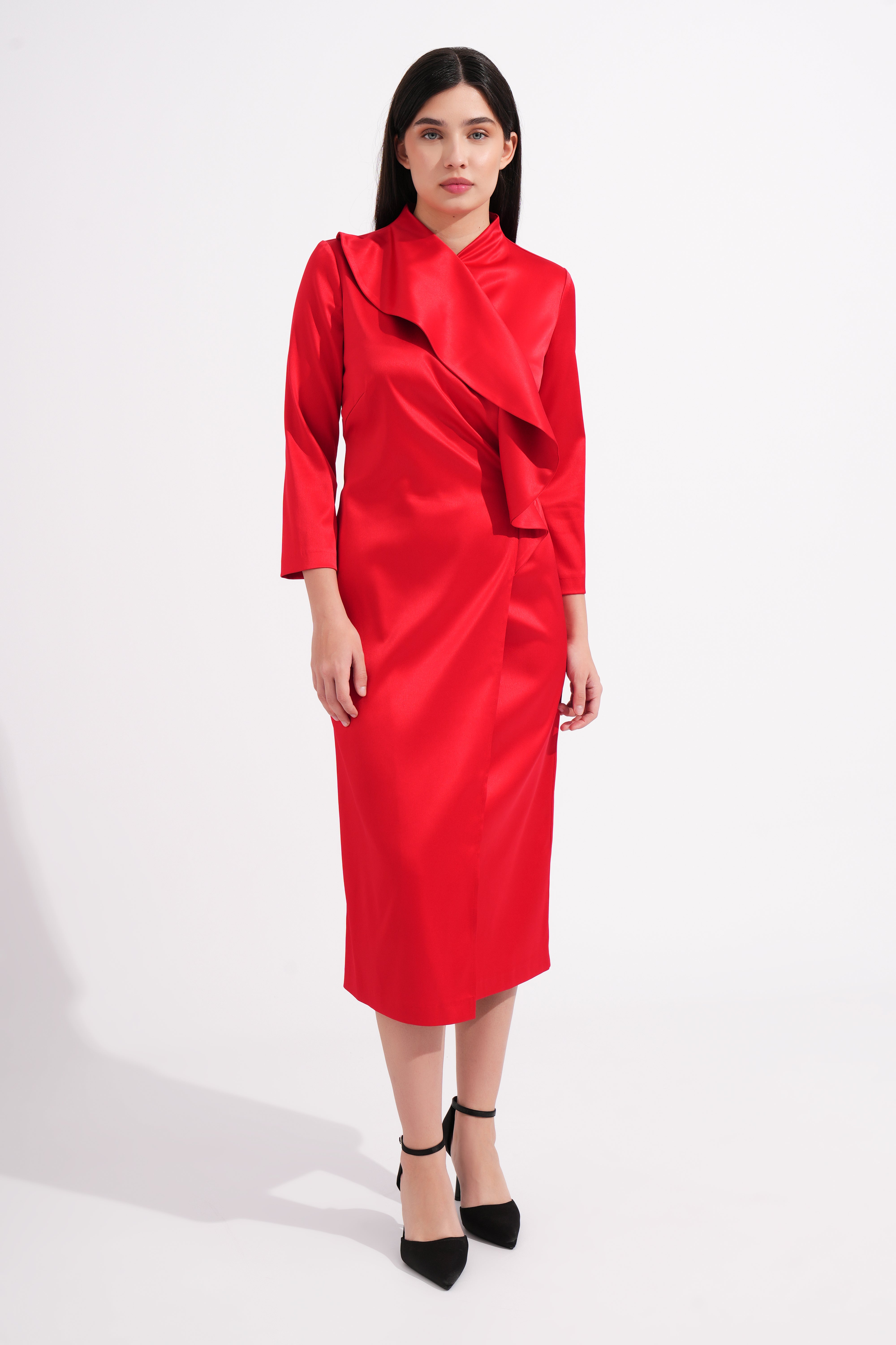 satin wrap midi dress Red with Ruffle adjustable spaghetti straps Fabletics | Khloé Women's Size:16 - 18 (L) UNDER $200