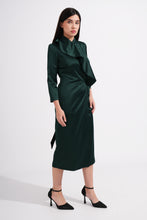 Load image into Gallery viewer, Woman wearing a green dress with a ruffled collar on a white background