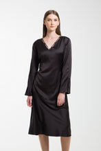 Load image into Gallery viewer, Midi black satin dress full sleeve