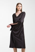 Load image into Gallery viewer, Midi black satin dress full sleeve