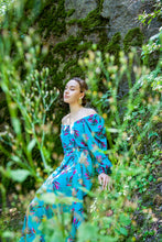 Load image into Gallery viewer, A colorful summer dress featuring maxi length, high front slit, and kimono style. - v-neckline - long puffy sleeves - fabric belt with tassels - shift silhouette - kimono style - maxi length