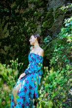 Load image into Gallery viewer, A colorful summer dress featuring maxi length, high front slit, and kimono style. - v-neckline - long puffy sleeves - fabric belt with tassels - shift silhouette - kimono style - maxi length