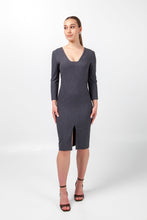 Load image into Gallery viewer, Gray business dress 3/4 sleeves, Square neck pencil dress work, Modern office attire women, Fitted professional dress tailored