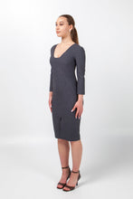 Load image into Gallery viewer, Gray business dress 3/4 sleeves, Square neck pencil dress work, Modern office attire women, Fitted professional dress tailored