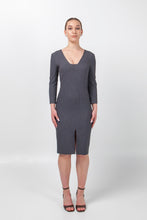 Load image into Gallery viewer, Gray business dress 3/4 sleeves, Square neck pencil dress work, Modern office attire women, Fitted professional dress tailored