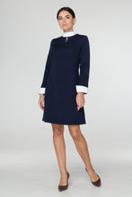 Load image into Gallery viewer, Blue empire waist dress with white collar