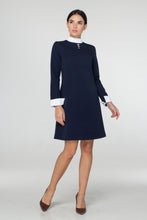 Load image into Gallery viewer, Blue empire waist dress with white collar
