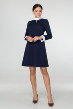 Load image into Gallery viewer, Blue empire waist dress with white collar