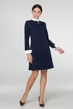 Load image into Gallery viewer, Blue empire waist dress with white collar