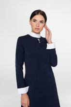 Load image into Gallery viewer, Blue empire waist dress with white collar
