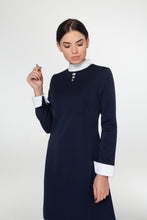 Load image into Gallery viewer, Blue empire waist dress with white collar