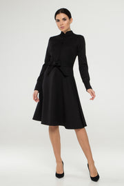 Black mandarin collar dress with covered buttons