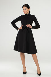 Black mandarin collar dress with covered buttons
