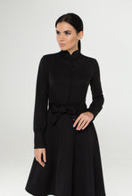 Load image into Gallery viewer, Black mandarin collar dress with covered buttons