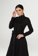 Load image into Gallery viewer, Black mandarin collar dress with covered buttons