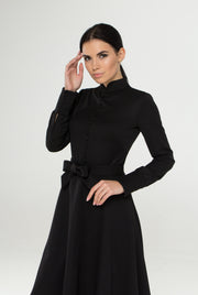 Black mandarin collar dress with covered buttons