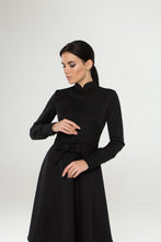Load image into Gallery viewer, Black mandarin collar dress with covered buttons