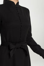 Load image into Gallery viewer, Black mandarin collar dress with covered buttons