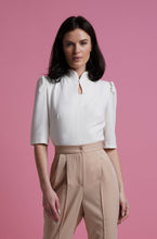 Load image into Gallery viewer, Mandarin collar keyhole white blouse