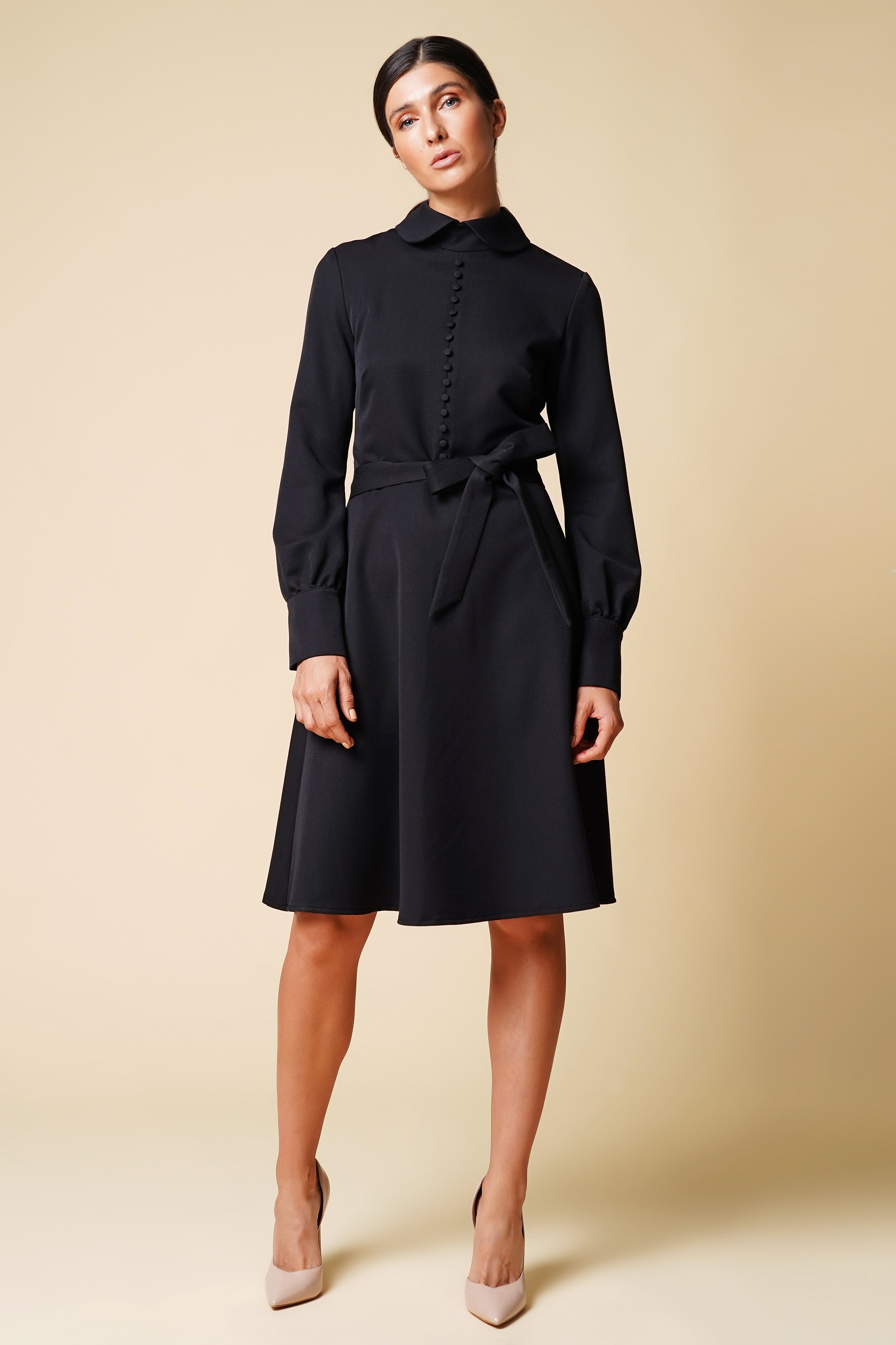 Black Collared Button-Front Midi Dress with Fabric Belt – Elegant Fit