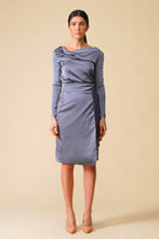 Load image into Gallery viewer, Gray cowl neck long sleeve satin midi dress