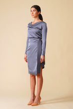Load image into Gallery viewer, Gray cowl neck long sleeve satin midi dress