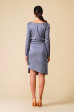 Load image into Gallery viewer, Gray cowl neck long sleeve satin midi dress