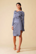 Load image into Gallery viewer, Gray cowl neck long sleeve satin midi dress