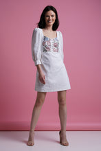 Load image into Gallery viewer, White linen embroidered ethnic short dress with puffy sleeves