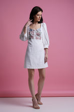 Load image into Gallery viewer, White linen embroidered ethnic short dress with puffy sleeves