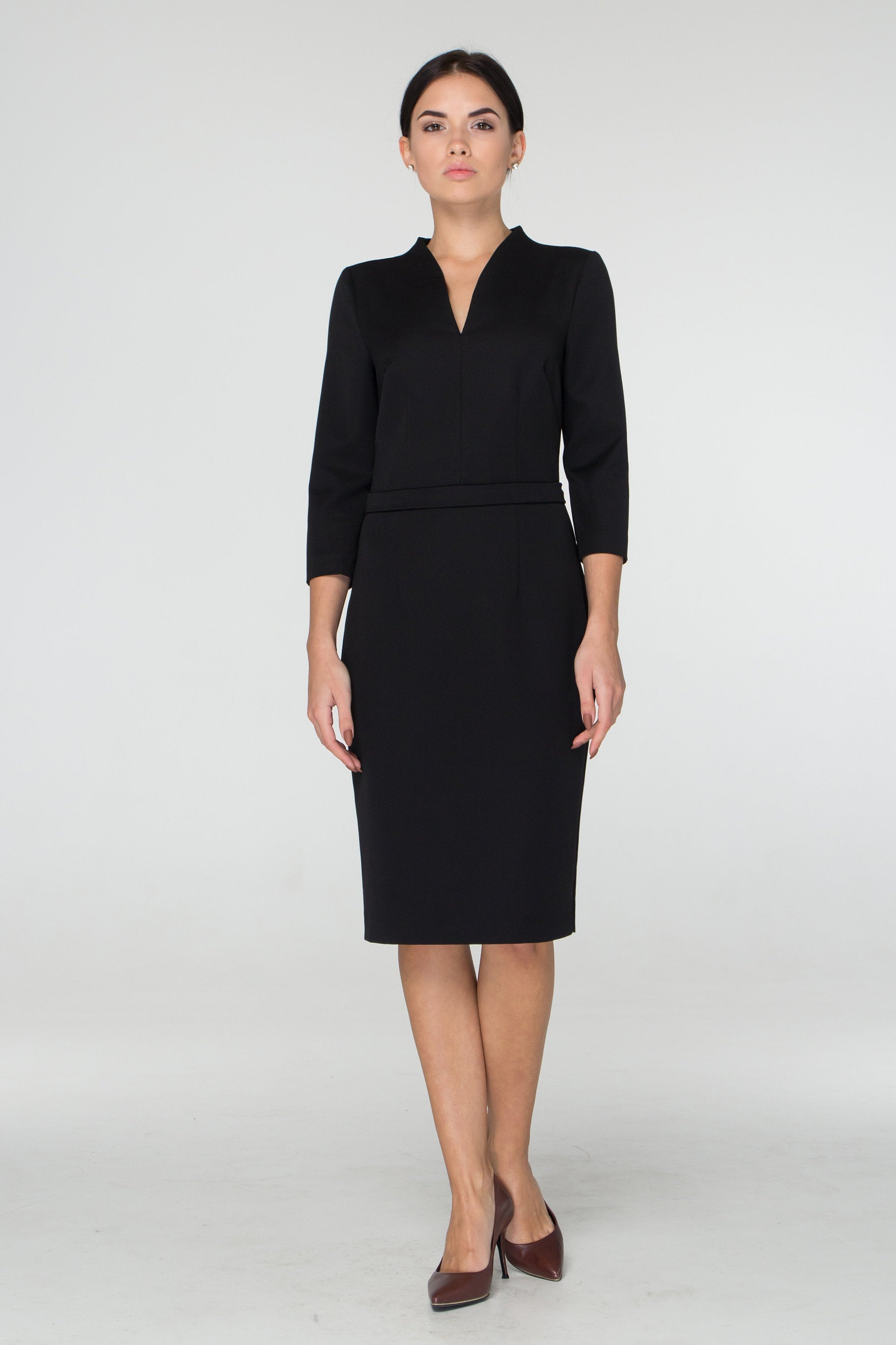Black Midi Pencil Dress with Stand-up Collar and 3/4 Sleeves TAVROVSKA Black Midi Pencil Dress with Stand-up Collar and 3/4 Sleeves TAVROVSKA
