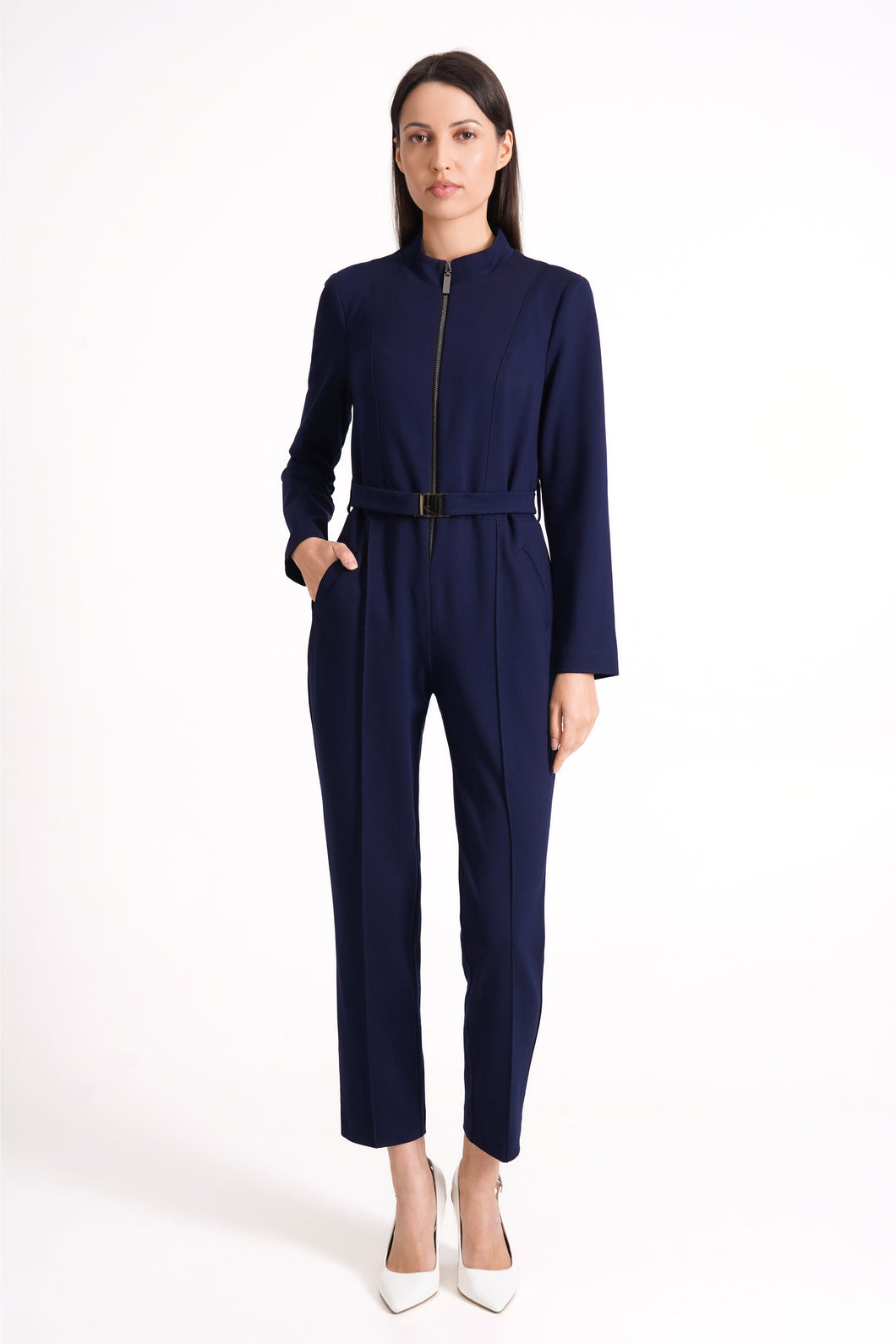 Navy high neck jumpsuit with sleeves