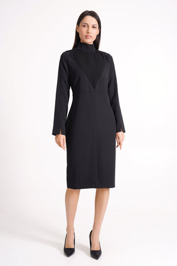 Black High Neck Pencil Dress with Long Sleeves, Midi Length 00 US / 32 EU