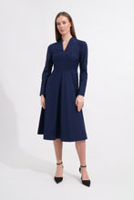 Load image into Gallery viewer, Navy Blue Midi A-Line Dress with V-Neck &amp; Long Sleeves
