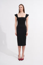 Load image into Gallery viewer, Woman wearing a black dress with cap sleeves on a white background
