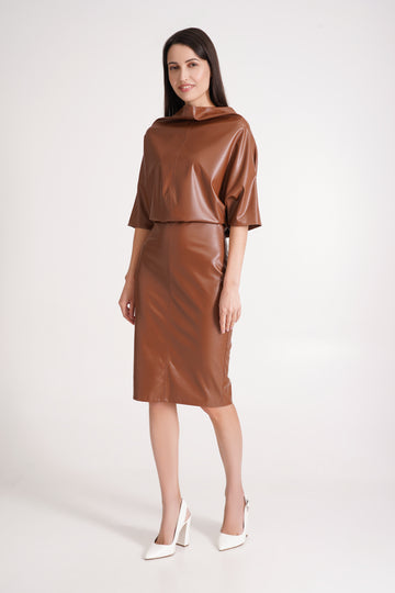 Faux Leather Kimono Dress with Cowl Neck – Caramel Brown or Black 0 US / 34 EU / Brown