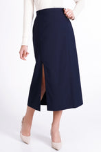 Load image into Gallery viewer, Navy high waist slit skirt mid calf
