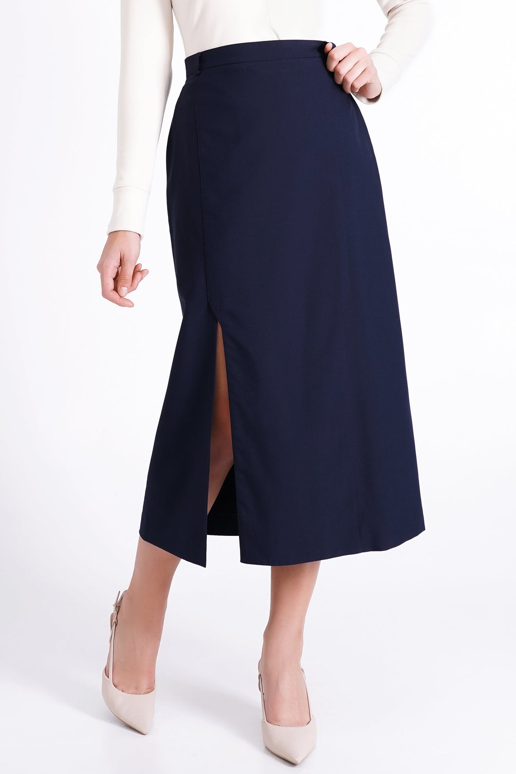 Navy high waist slit skirt mid calf