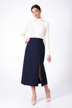 Load image into Gallery viewer, Navy high waist slit skirt mid calf
